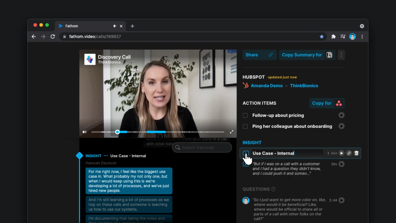 Fathom AI transcript interface showing highlighted action items