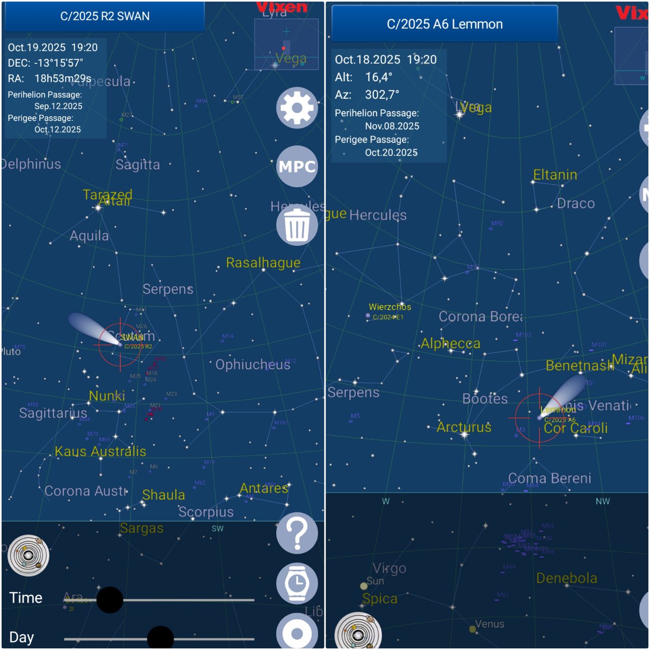 mapa localizaci�n de los cometas Swan y Lemmonn hacia &nbsp;19 octubre 2025