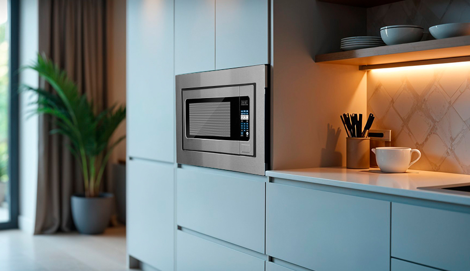 Horno Microondas Empotrable Drija Palermo 62L con acabado en acero inoxidable.