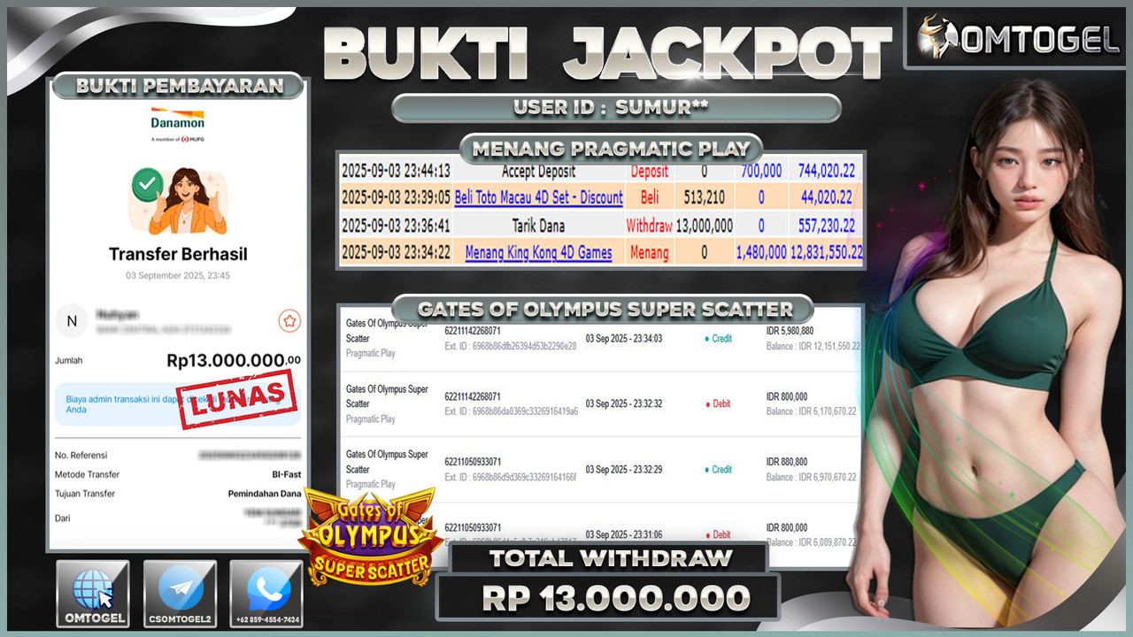 OMTOGEL JACKPOT PRAGMATIC PLAY GATES OF OLYMPUS SUPER SCATTER 13 JUTA DI BAYAR LUNAS ,-