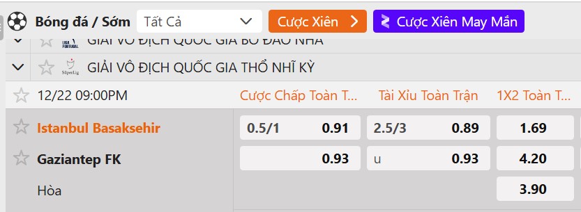 Tỷ lệ kèo Istanbul Basaksehir F.K vs Gazisehir Gaziantep