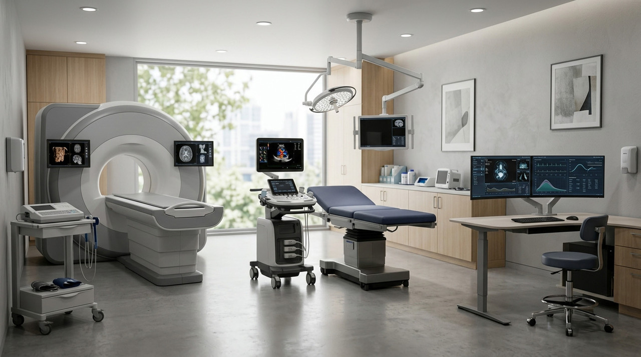 Кабинет лучевой диагностики с аппаратом МРТ, кушеткой, мобильной ультразвуковой системой и рабочим местом врача с несколькими мониторами
