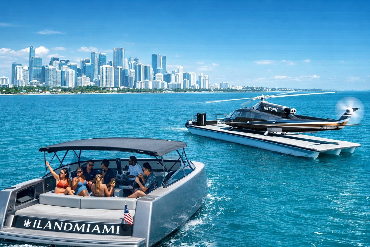 Luxury yacht and helicopter transfer in Miami with skyline views