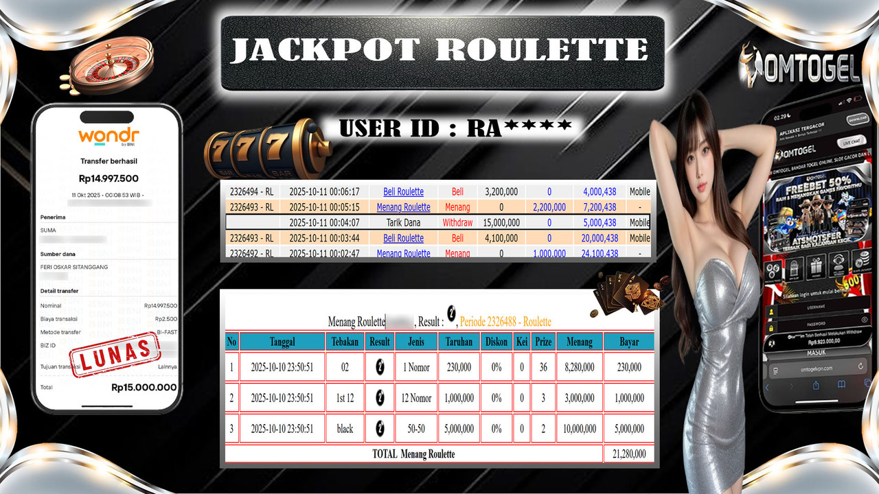 OMTOGEL JACKPOT LIVE GAMES ROULETTE 15 JUTA DI BAYAR LUNAS ,-