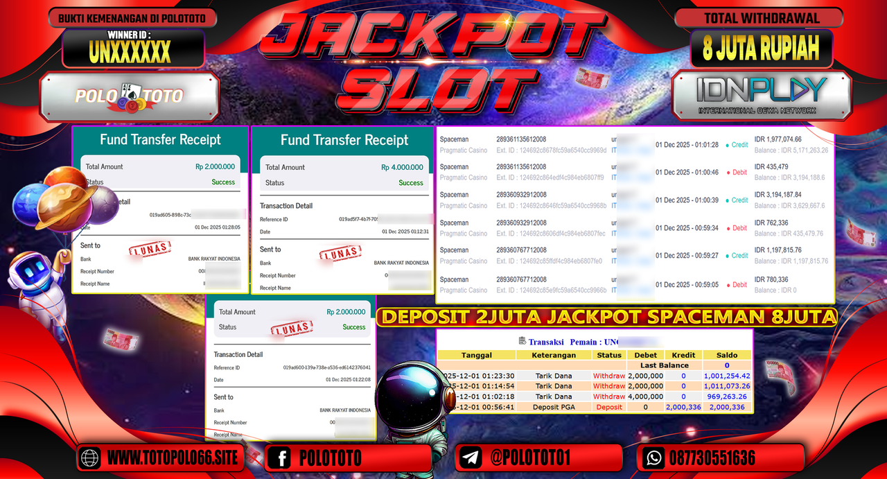 POLOTOTO JACKPOT SLOT SPACEMAN Rp.8.0000.000,- LUNAS