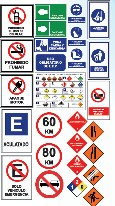Ejemplo de señaléticas fabricadas por Prosigna, incluye letreros de advertencia en color amarillo para seguridad industrial