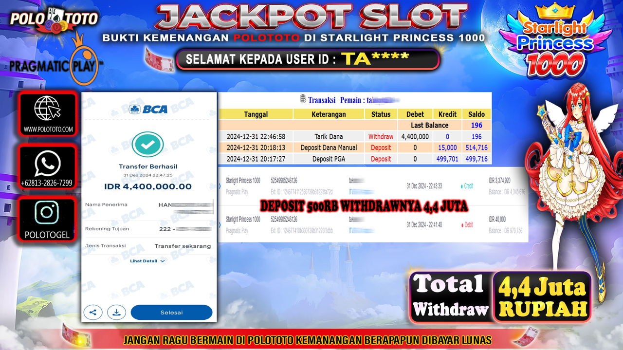 POLOTOTO JACKPOT SLOT STARLIGHT PRINCESS 1000 Rp.4,400.000,-