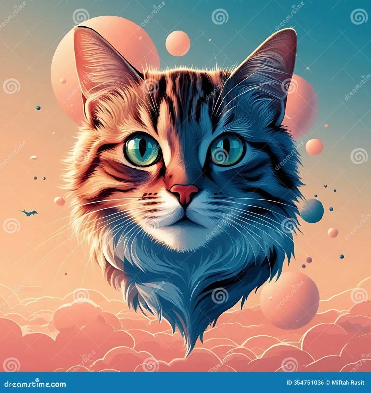 cats head floats amongst pastel clouds planets stylized digital illustration depicts serenely floati