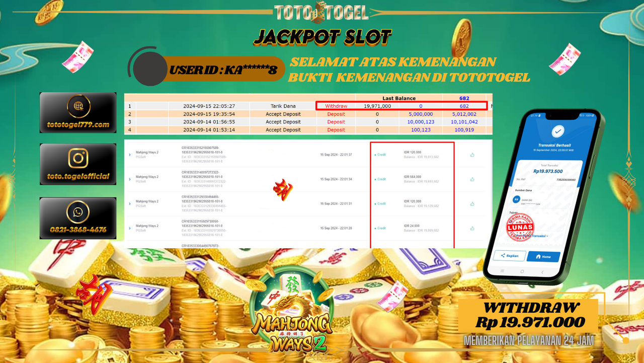 Bukti Kemenangan Permainan Slot Mahjong Ways 2 Dengan ID : KA*****8 Terbayar Lunas!!