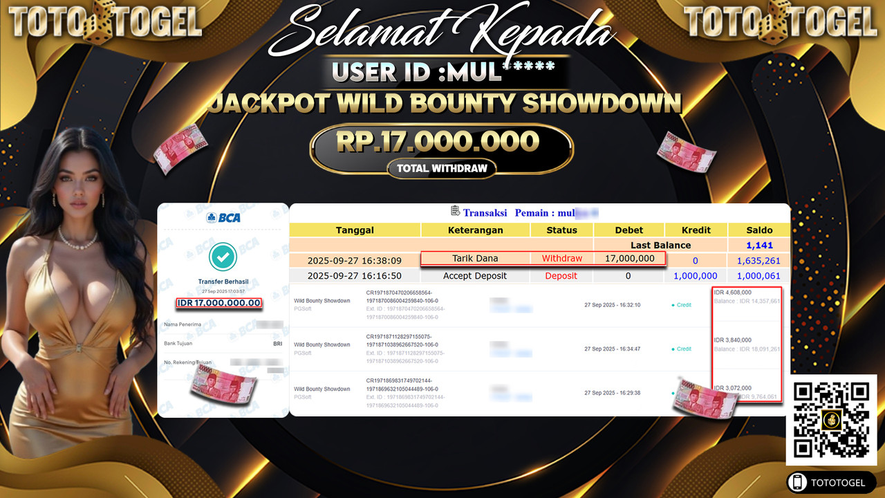 Bukti Pembayaran Jackpot Permainan Slot Wild Bounty ShowDown ID:MUL*** LUNAS