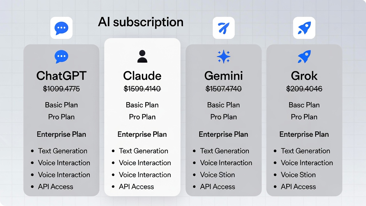 Visual breakdown of AI subscription pricing tiers across ChatGPT, Claude, Gemini, and Grok in 2026