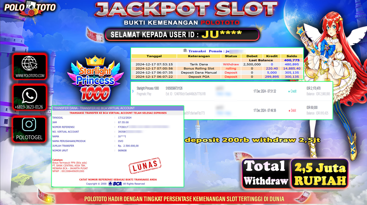 POLOTOTO JACKPOT SLOT STARLIGHT PRINCESS 1000 Rp.2,500.000,-