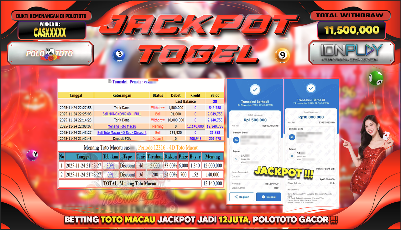 POLOTOTO JACKPOT TOGEL MENANG TOTO MACAU Rp.11.500.000,- LUNAS