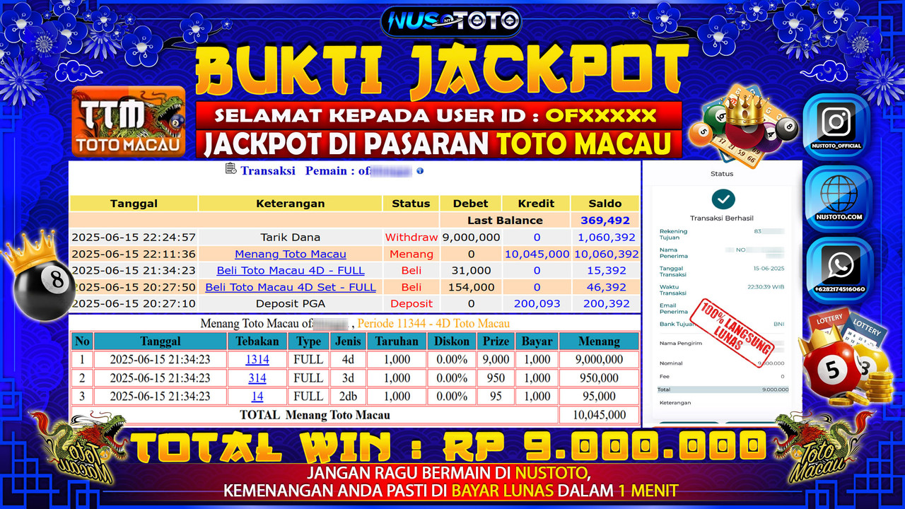 JACKPOT !! MENANG BESAR DI PASARAN TOTO MACAU Rp. 9.000.000 LANGSUNG DI BAYAR LUNAS NUSTOTO !!