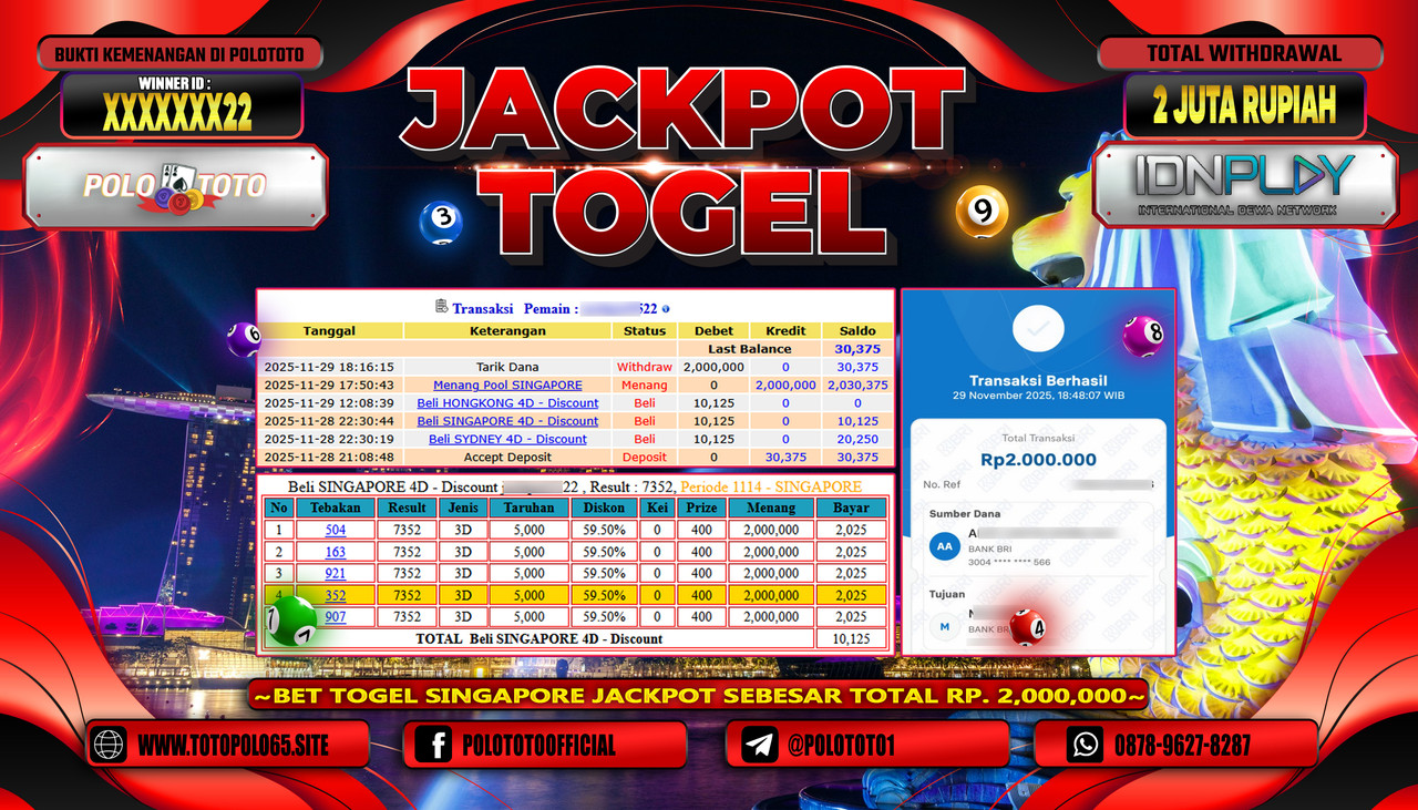 POLOTOTO JACKPOT TOGEL MENANG POOL SINGAPORE Rp.2.000.000,- LUNAS