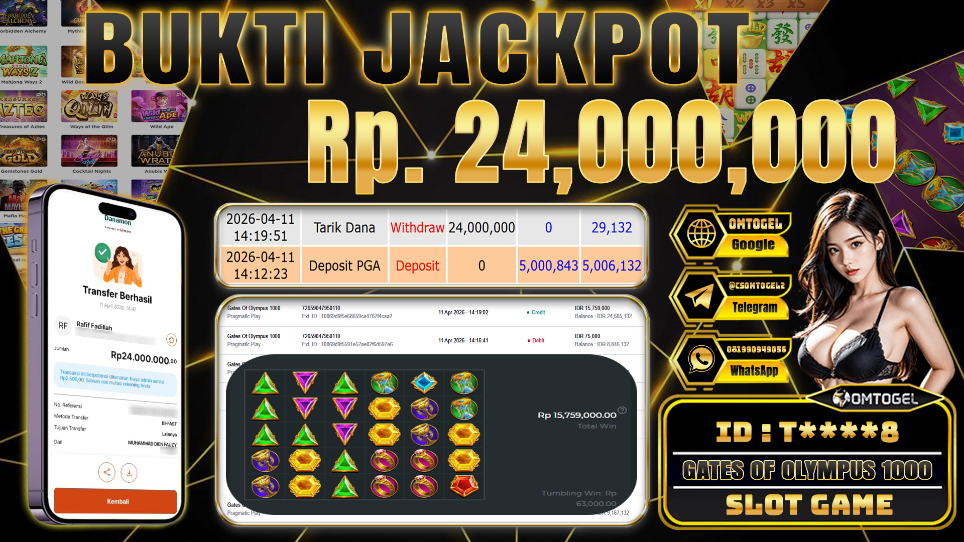 OMTOGEL JACKPOT PRAGMATIC PLAY GATES OF OLYMPUS 1000,24 JUTA DI BAYAR LUNAS ,-