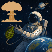 Putin, in a spacesuit in open space, holding a grenade, tries to blow up the Universe.