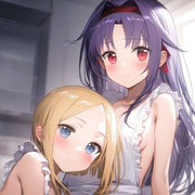 2girl, {{yuuki, sao}}, purple hair, red eyes, naked apron, {{abigail williams, f s-3868766913