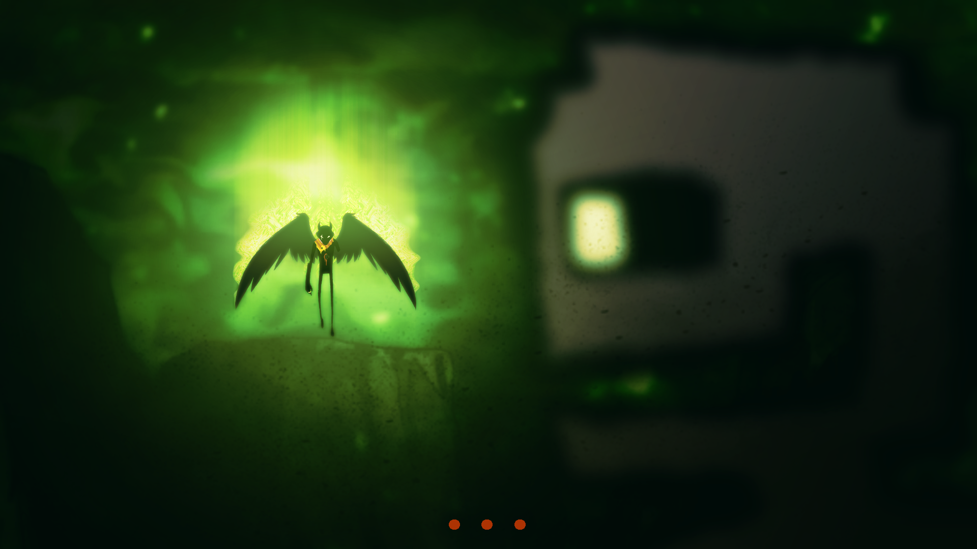 Jack (Bec) Noir descends from the sky, causing the image to be stained green. He emits a green aura. A radial gradient almost acts like a spotlight on him. William Afton is in the bottom right corner, looking at Jack with a smile. Black dust settles throughout the bottom of the image.