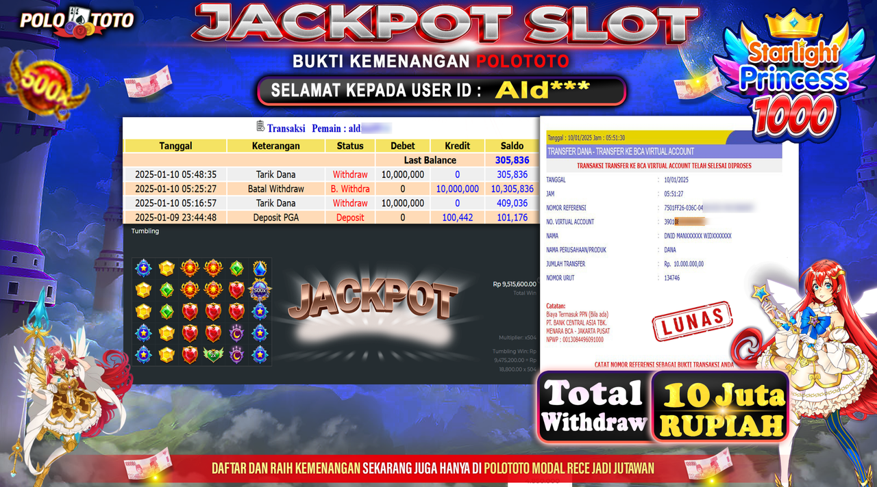 POLOTOTO JACKPOT SLOT STARLIGHT PRINCESS 1000 Rp.10,000.000,-