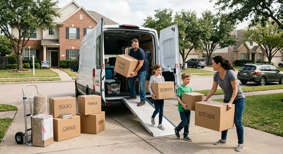 American family loading moving boxes into a van preparing to relocate to Canada