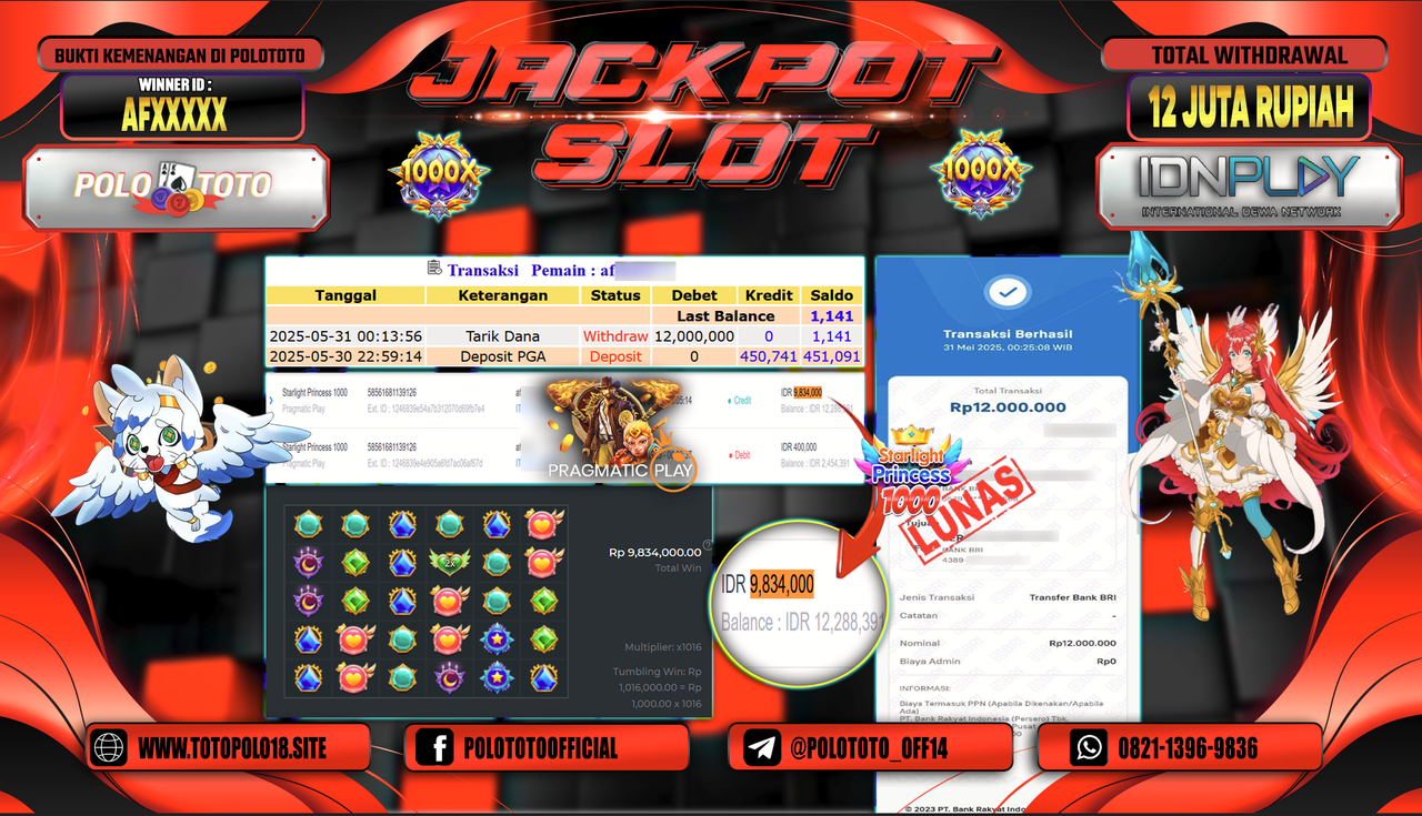 POLOTOTO JACKPOT SLOT STARLIGHT PRINCESS 1000 Rp.12.000.000,-