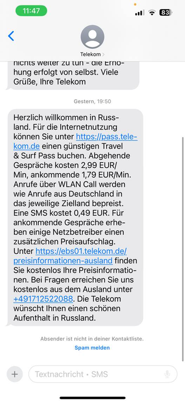 SMS der Telekom zum Roaming