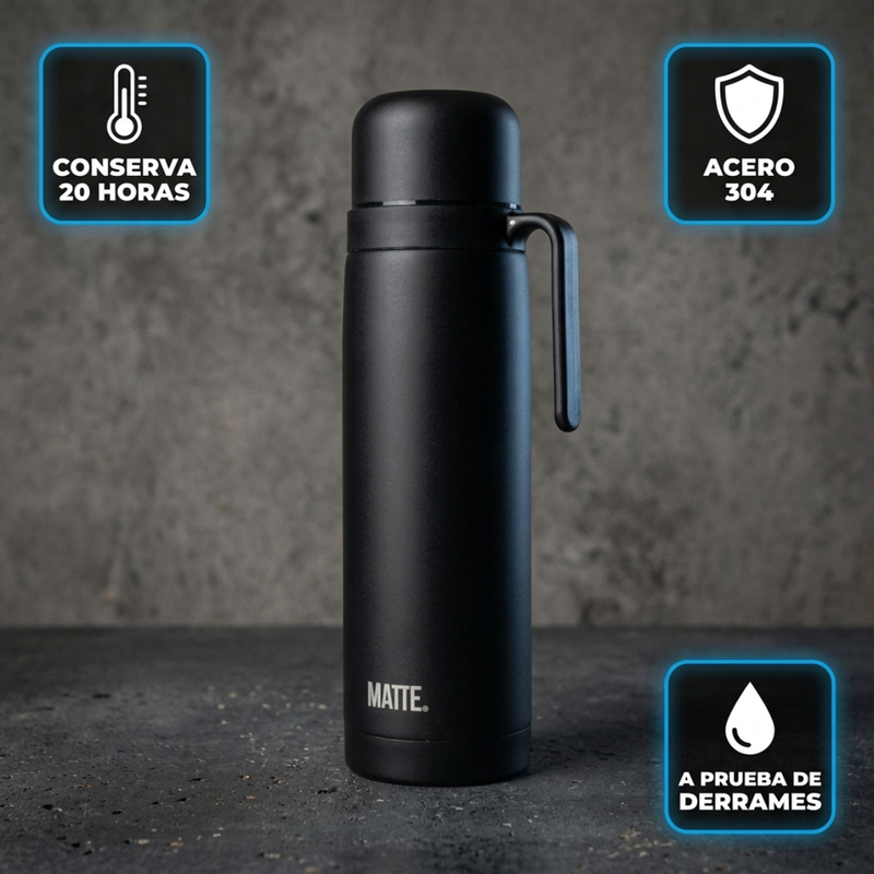 Beneficios del Termo MATTE: conserva 20 horas, acero 304, a prueba de derrames