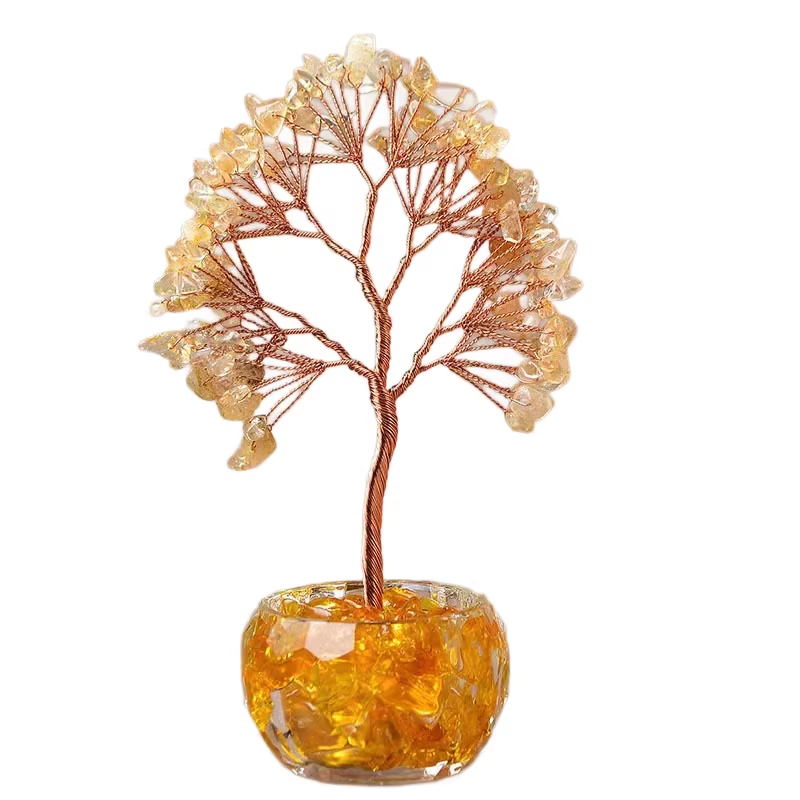 Yellow Natural Crystal Tree Ornament – Handmade Miniature Decorative Tree with Glass Base for Home, Office & Gift