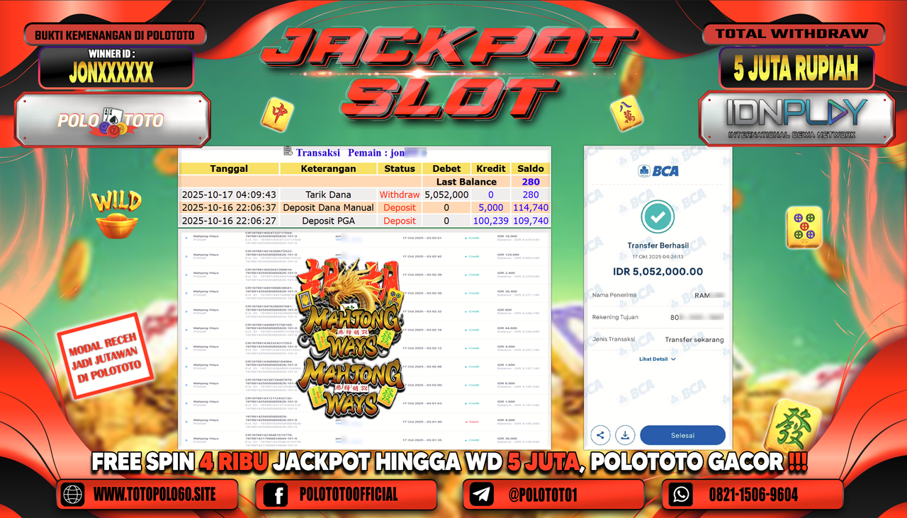 POLOTOTO JACKPOT SLOT MAHJONG WAYS Rp.5.052.000,-