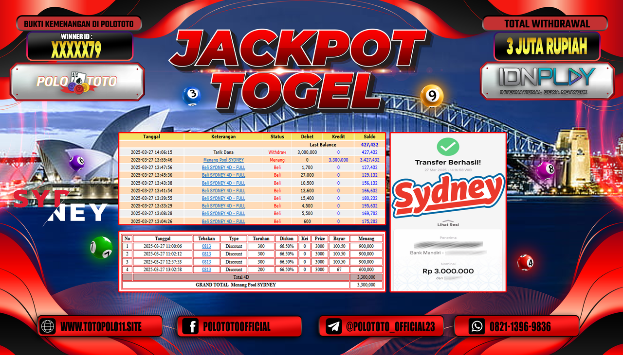 POLOTOTO JACKPOT TOGEL SYDNEY LOTTO Rp.3.000.000,- LUNAS