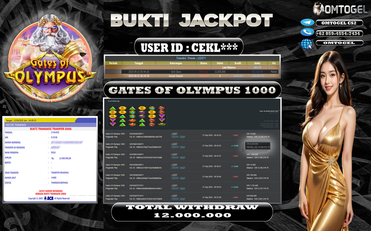 OMTOGEL JACKPOT PRAGMATIC PLAY GATES OF OLYMPUS 1000 19 JUTA DI BAYAR LUNAS ,-