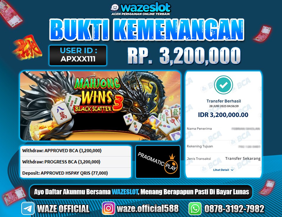 BUKTI KEMENANGAN 29 JUNI 2025 DI GAME MAHJONG WINS 3 ( PRAGMATIC PLAY )