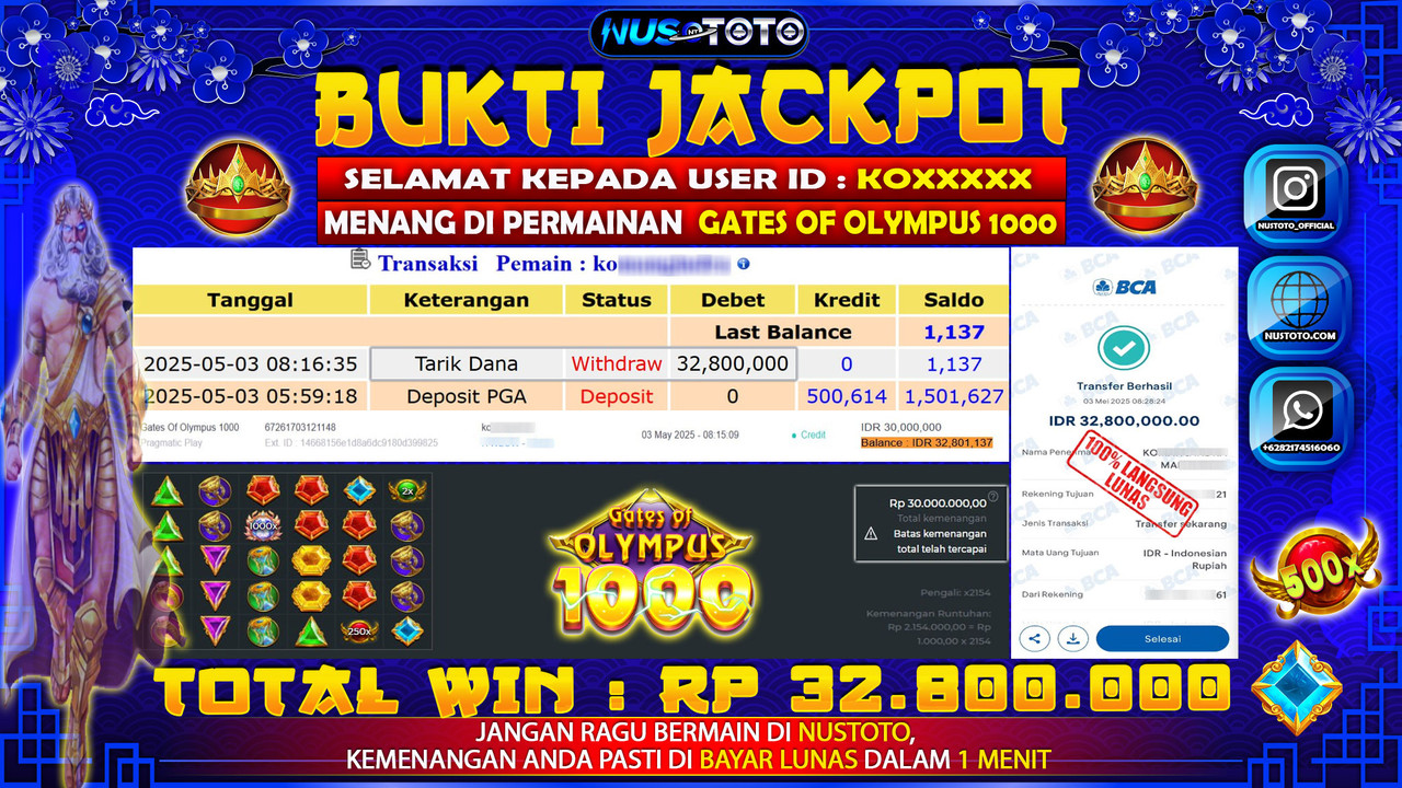 JACKPOT !! MENANG BESAR DI SLOT GATES OF OLYMPUS 1000 Rp. 32.800.000 LANGSUNG DI BAYAR LUNAS NUSTOTO !!
