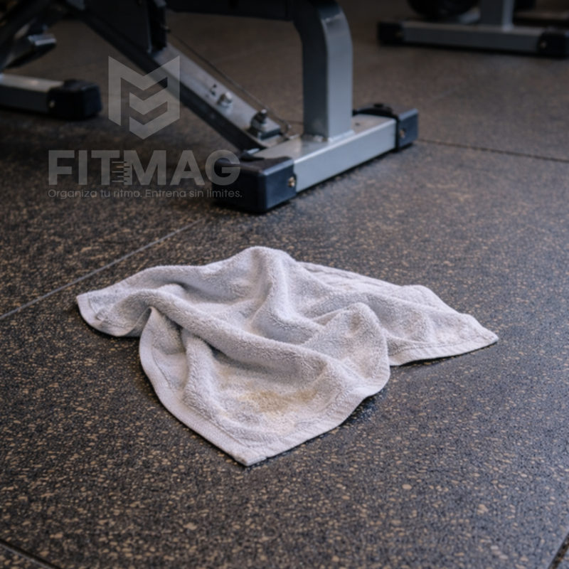 Toalla caída en el piso del gimnasio cerca de máquinas