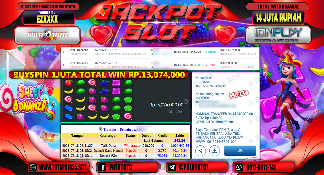 POLOTOTO JACKPOT SLOT SWEET BONANZA Rp.14.000.000,- LUNAS