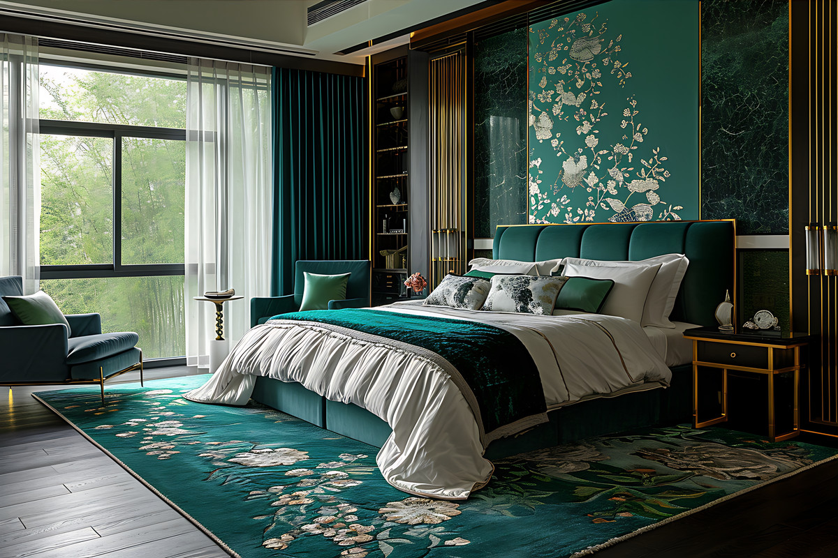 Modern Bedroom Design With A Queen Bed And A Dark Green Tufted Headboard