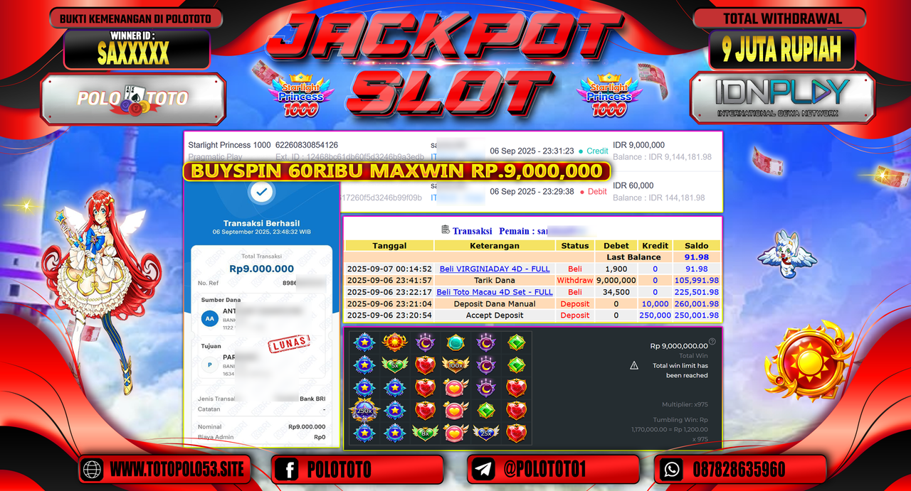 POLOTOTO JACKPOT SLOT STARLIGHT PRINCESS 1000 Rp.9.000.000,-