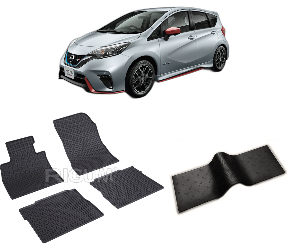Set covorase auto NISSAN NOTE E12 din 10.2013-03.2016, cu covoras tunel median, CAROSERIE HATCHBACK, Presuri cauciuc 100%, compatibil cu autoturismul NISSAN NOTE E12, Rigum