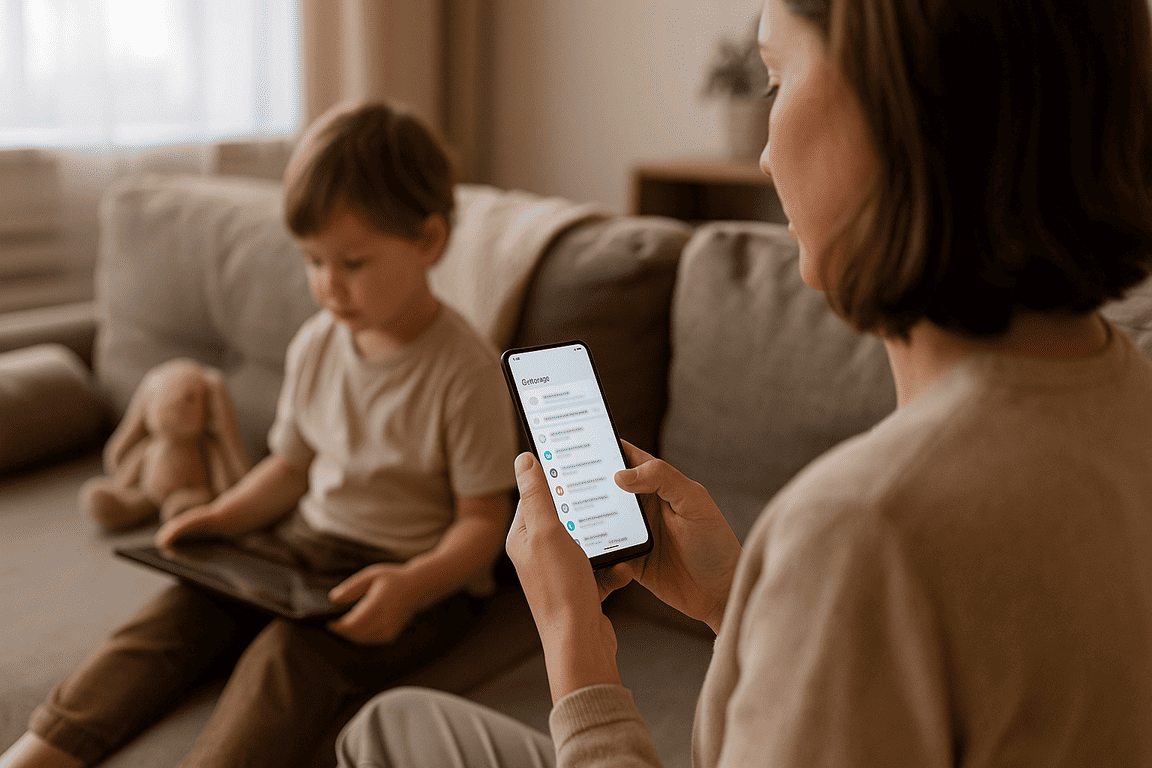Мама настраивает Android рядом с ребёнком на планшете