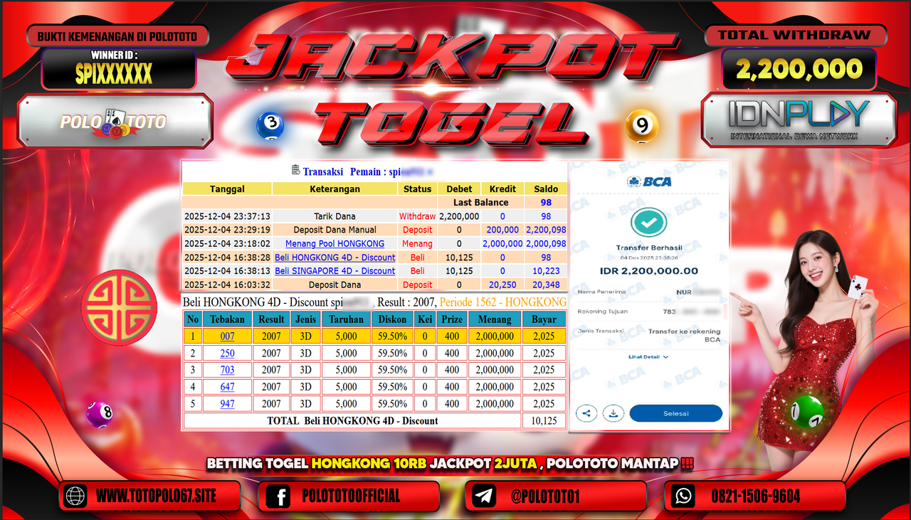 POLOTOTO JACKPOT TOGEL MENANG HONGKONG LOTTO Rp.2.200.000,- LUNAS