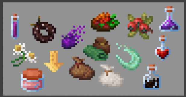 An image displaying pixelated graphics of various items from sacks to spell bolts to flowers.