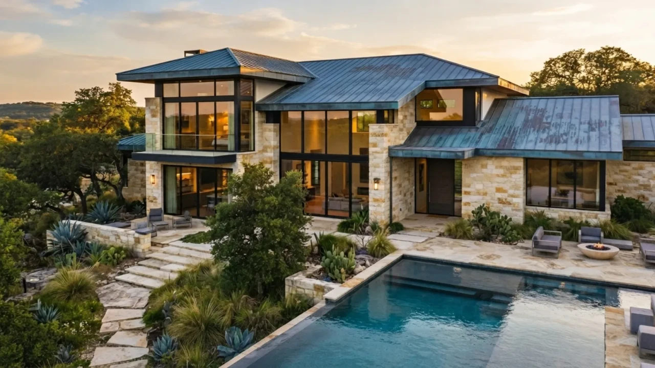Zinc metal roof patina residential building architectural San Antonio