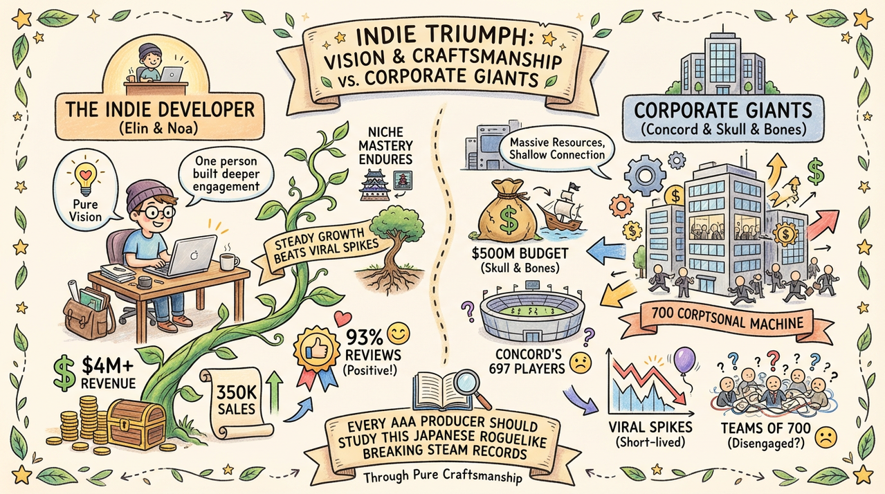Elin Smashes 350K Sales: Solo Dev's Roguelike Masterpiece Redefines Indie Success 1 Solo developer coding roguelike RPG at dimly lit desk