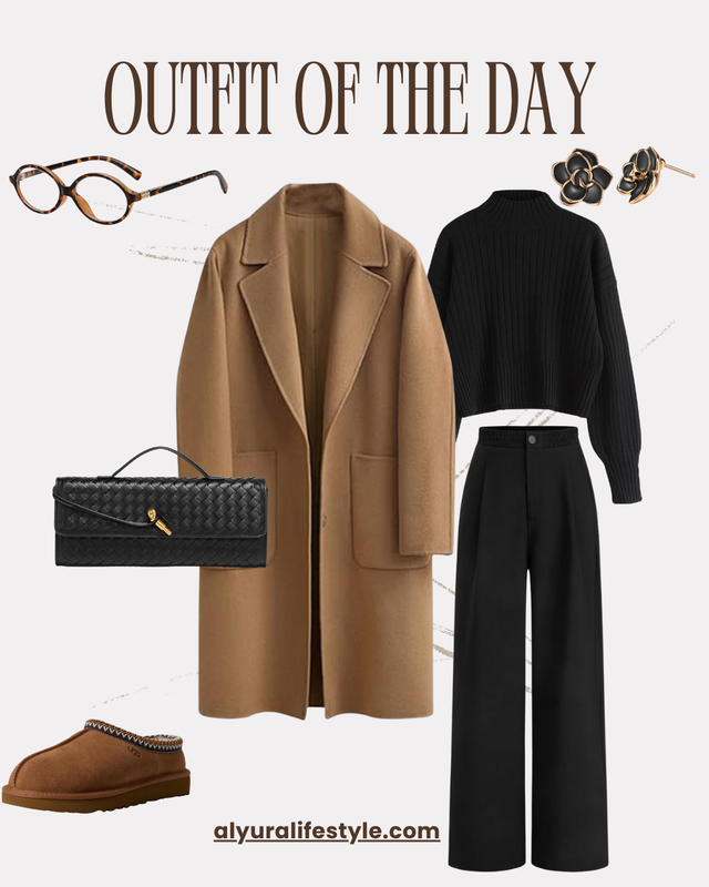 Chic Winter Outfit | Camel Coat & Black Wide-Leg Pants ❄️