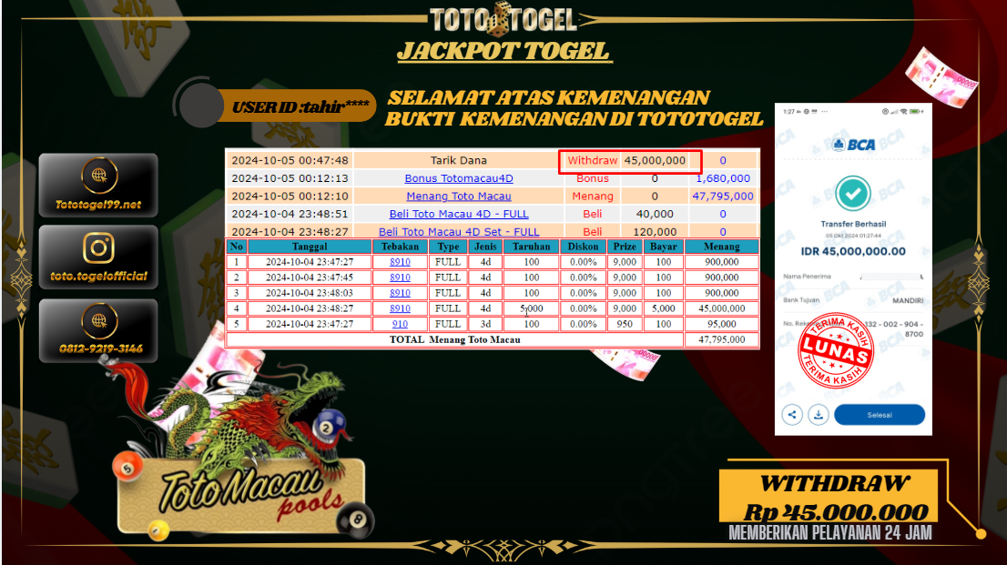 Bukti Kemenangan Permainan Pools Togel Toto Macau 4D ID : TAHIR** Terbayar Lunas!!