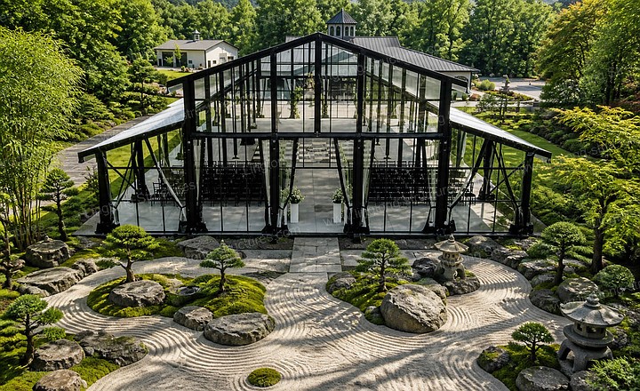 Black frame glass atrium tent at dusk with warm interior lighting creating an elegant ambiance for a corporate event