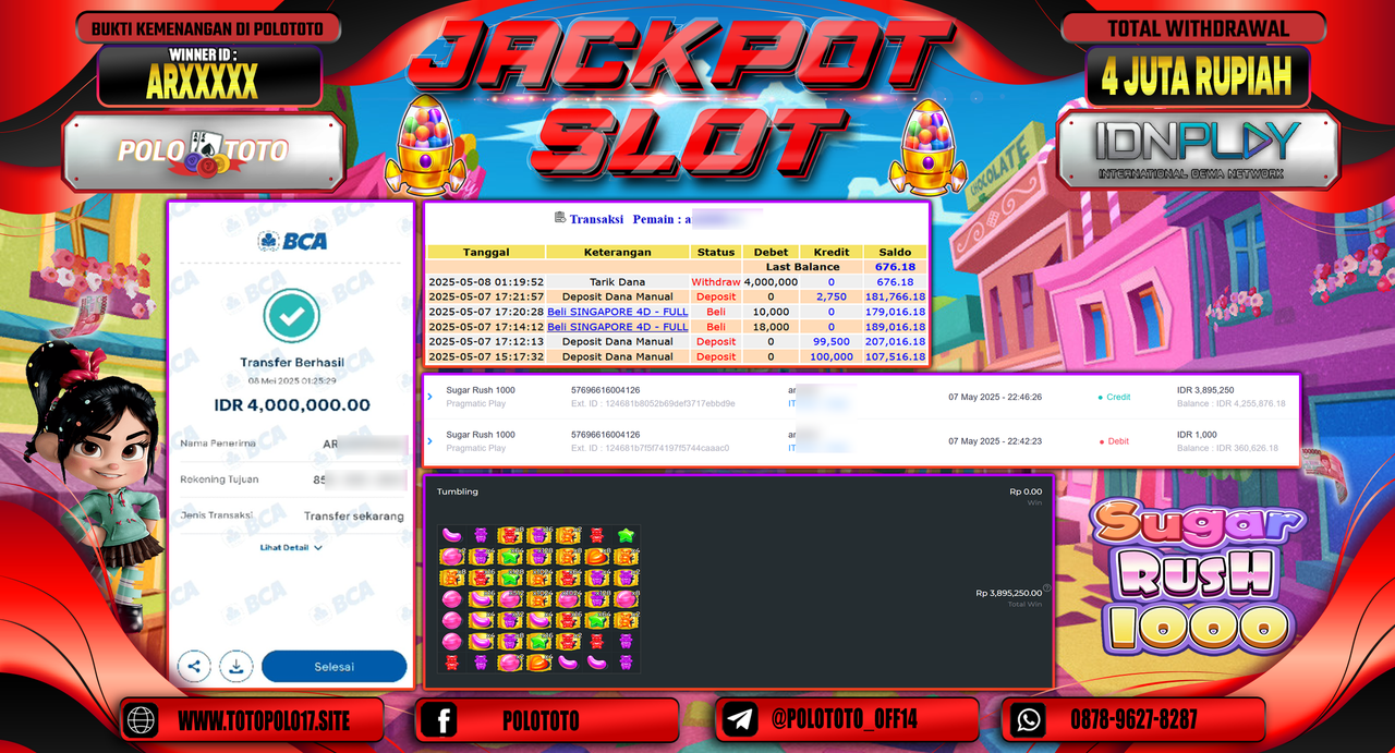 POLOTOTO JACKPOT SLOT SUGAR RUSH 1000 Rp.4.000.000,-