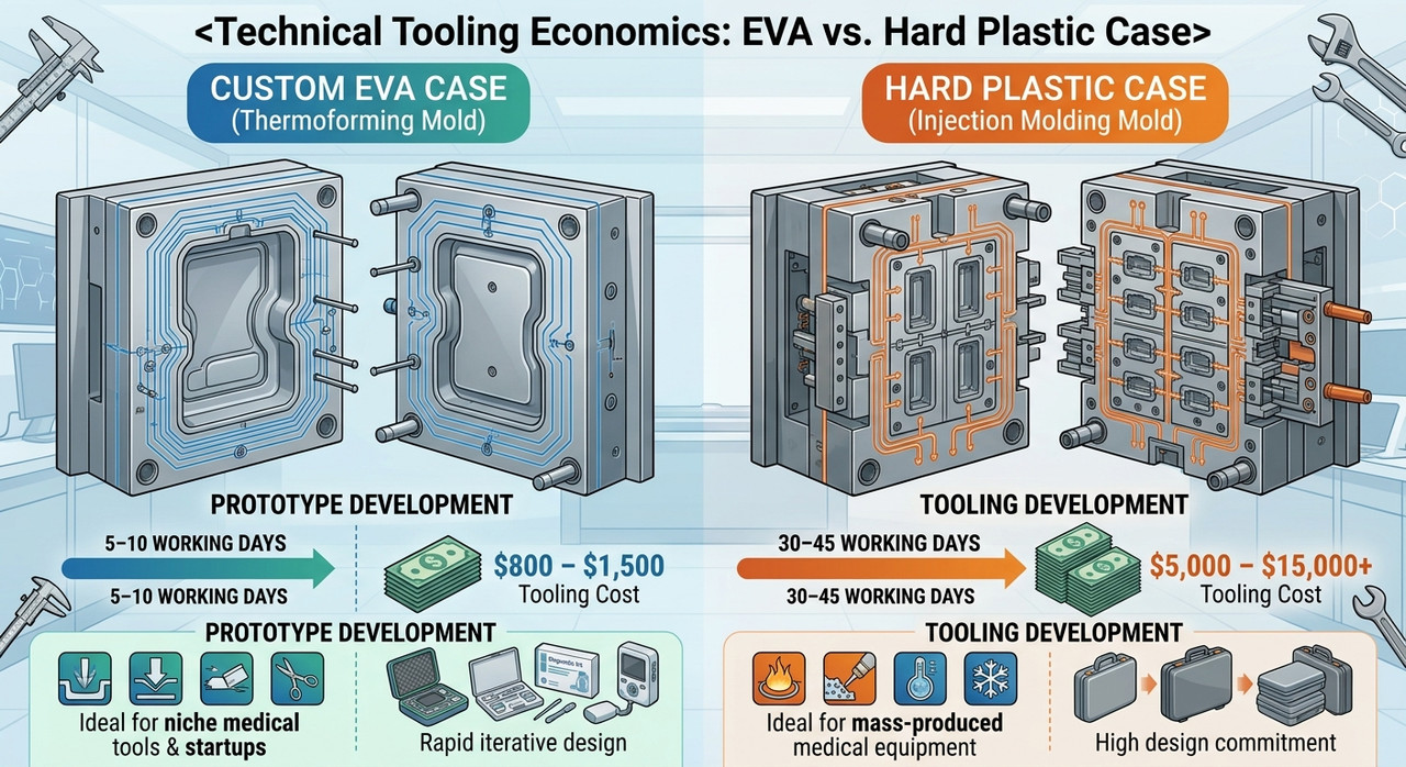 Side-by-side comparison of a custom EVA medical case with die-cut foam insert vs an injection-molded hard plastic case on a laboratory table.