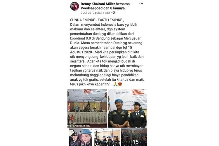 Tangkapan layar unggahan status pengguna Facebook Renny Khairani Miller tentang Sunda Empire.